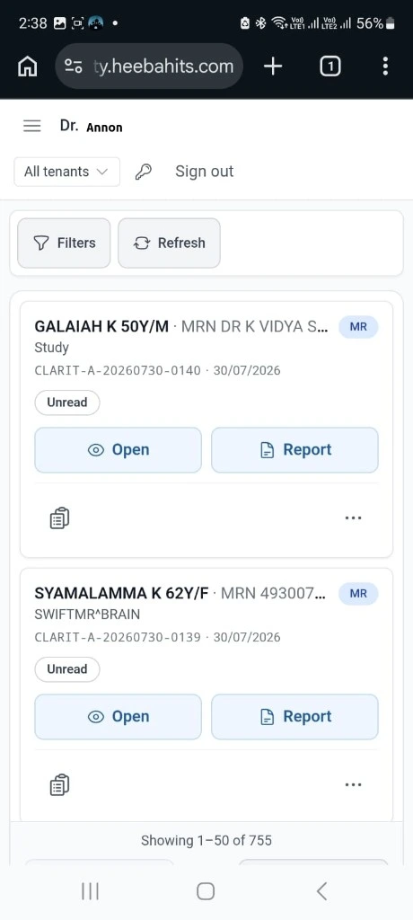 HEEBA mobile worklist cards on phone — Filters, Refresh, Open and Report actions